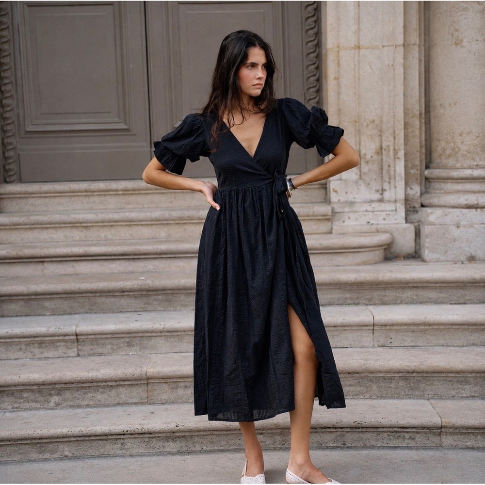 Daughters Of India Uma Maxi Dress Womens Small Black Seersucker Puff Sleeve Boho